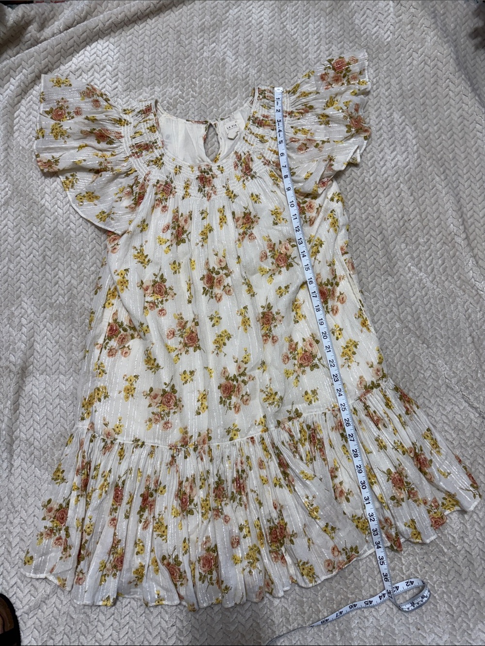 Rebecca Taylor White Floral Ruffle Dress with Pink and Yellow Accents